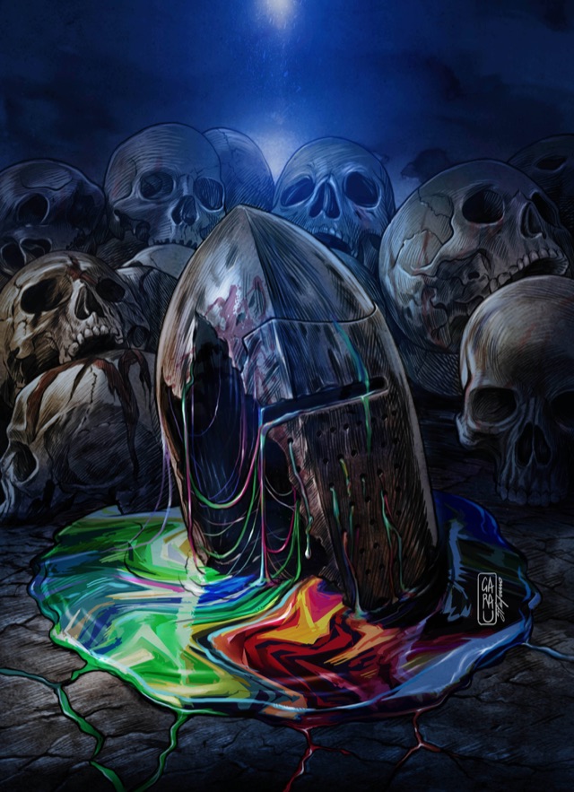 JuggernART cover: a melting knight's helmet among skulls in a pool of color
